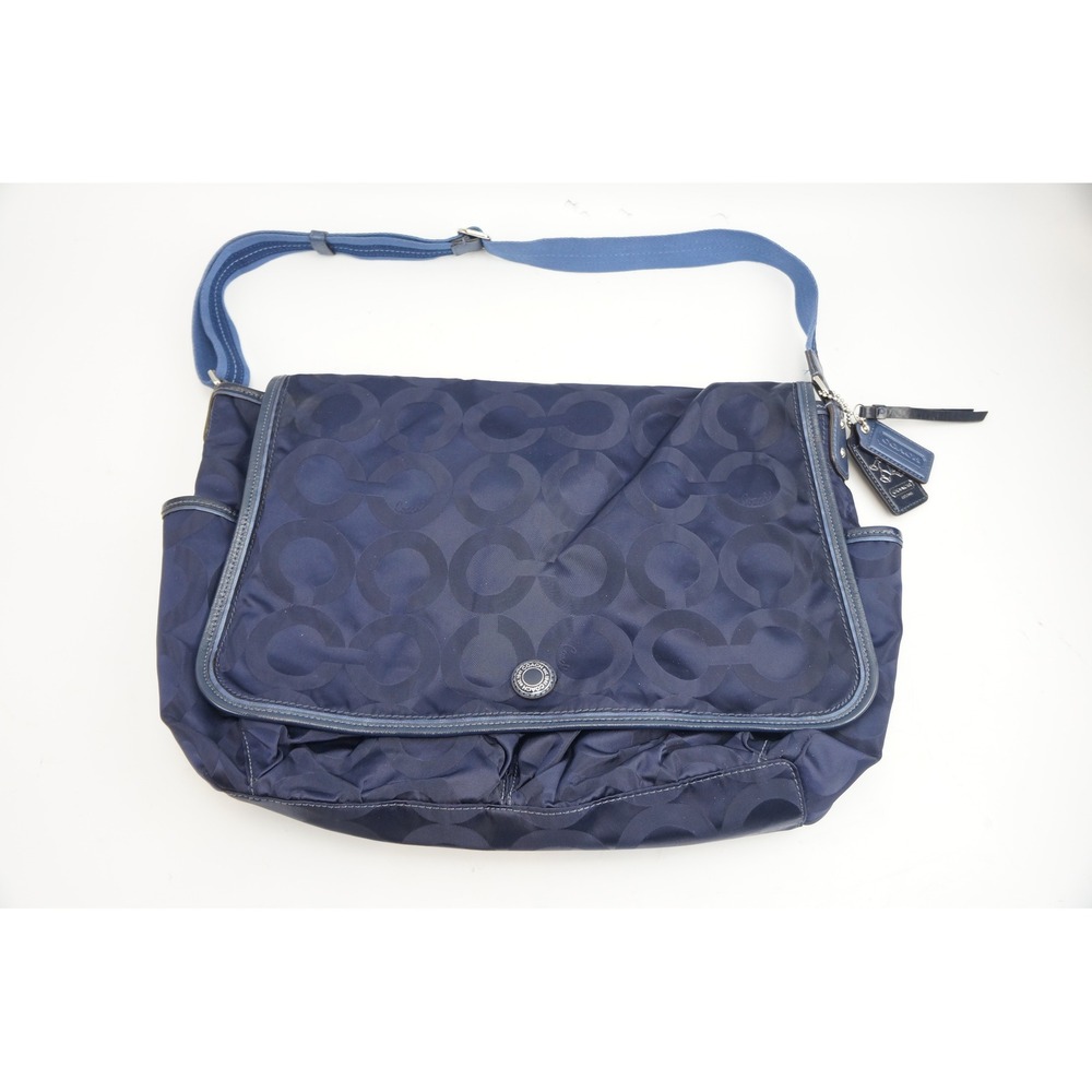 Coach Kyra Op Art Diaper Bag Navy Blue Signature C Nylon Flap Crossbody Good